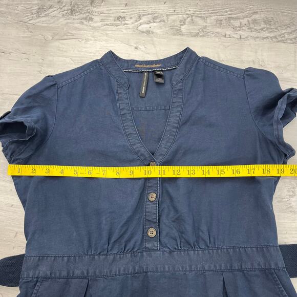 Mango Linen Navy Blue Short Sleeve V Neck Belted Knee Length Preppy Money Dress - Picture 9 of 11